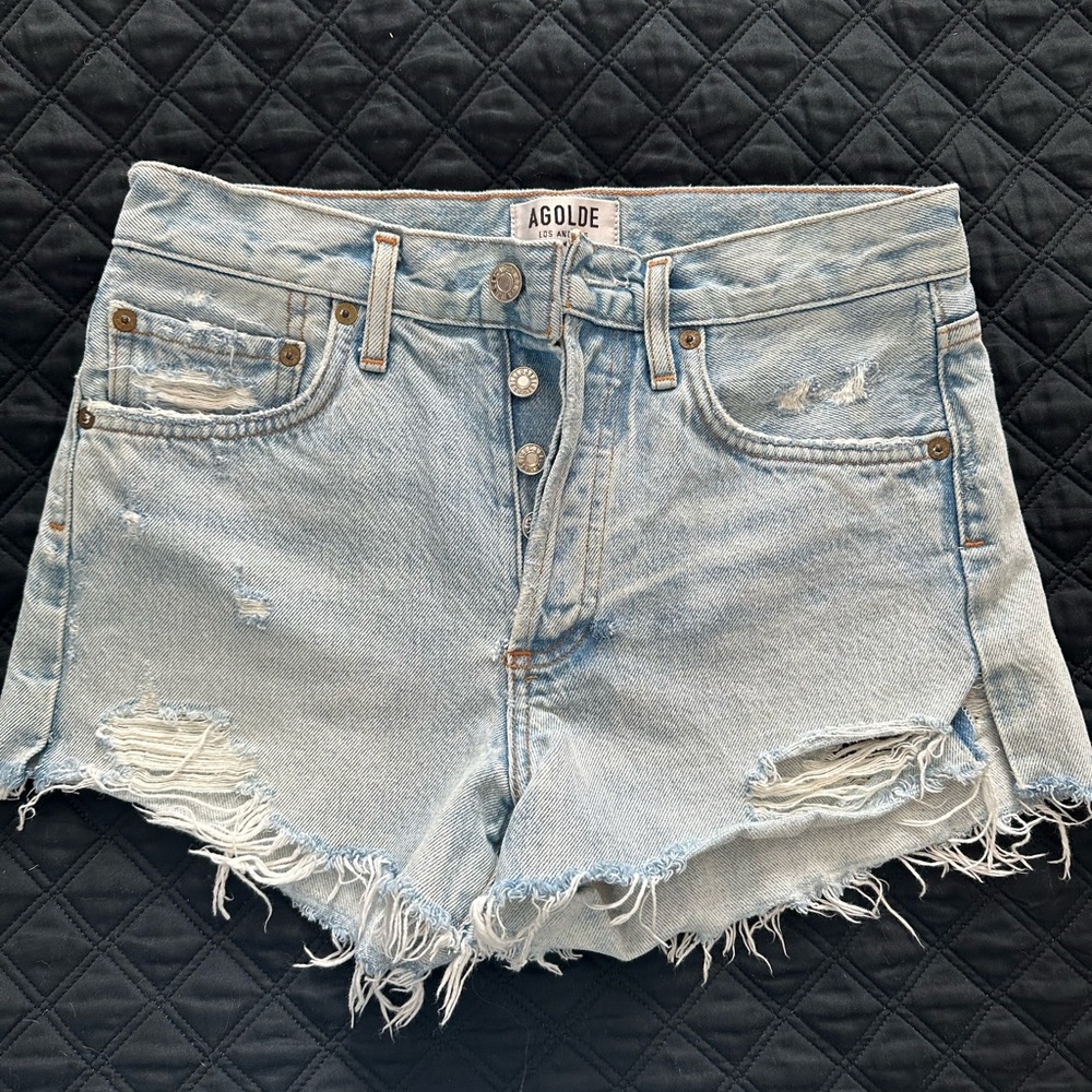 Agolde Faded Blue Distressed Jean Shorts